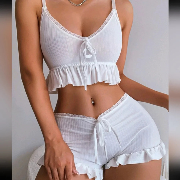 Other - Ruffle Trim Tie Front Bra & Boyshorts Lingerie Set